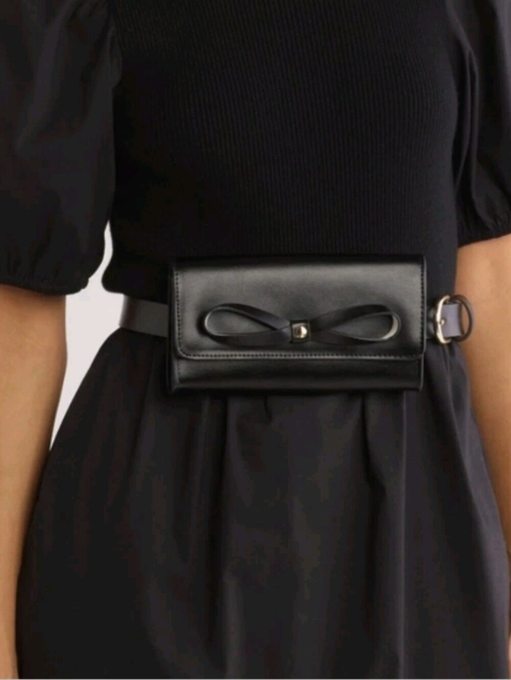Kate Spade Black Bow Belt Bag Adjustable Leather L/XL NEW Coquette Feminine